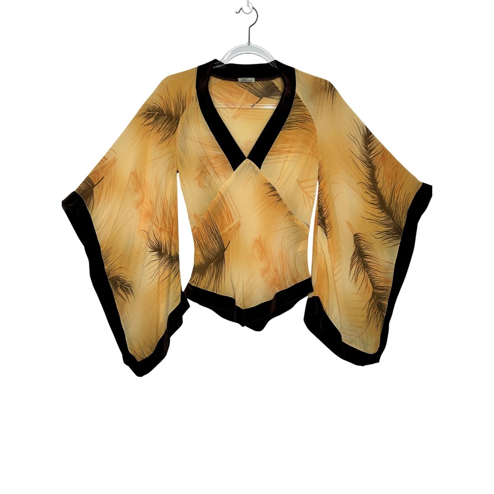Firenzii Kimono Top S Yellow Feather Print Velvet Trim V-Neck Vintage Retro Y2K